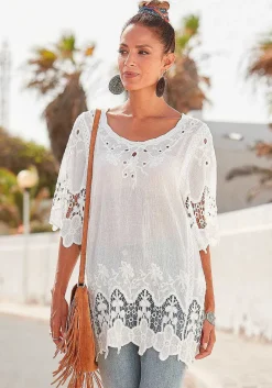 LASCANA Short Sleeve Tops-Crochet Detail Tunic