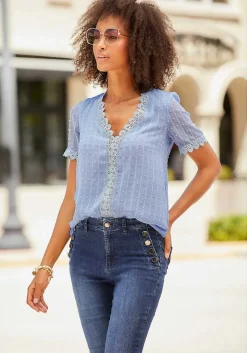 LASCANA Blouses-Crochet Trim V-Neck Blouse
