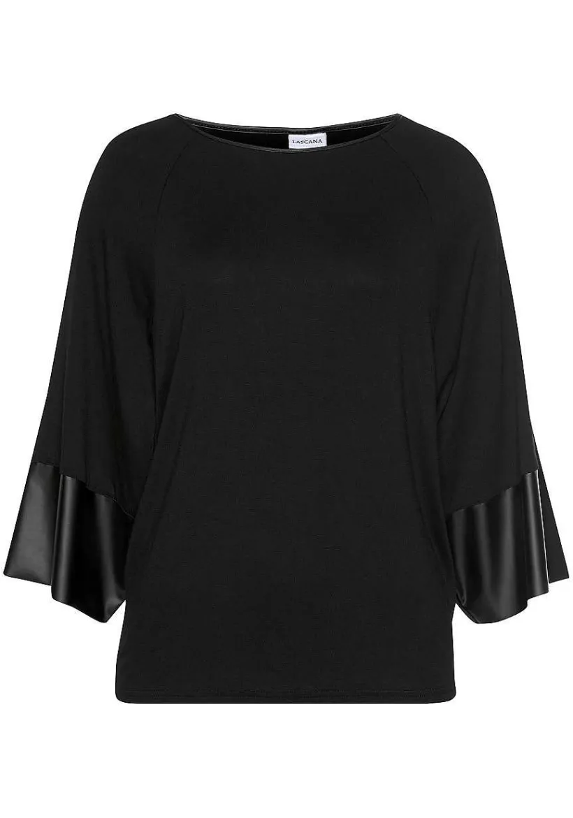 LASCANA Long Sleeve Tops-Dolman Sleeve Leather Trim Top
