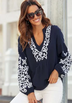 LASCANA Blouses-Embroidered Long Sleeve Blouse
