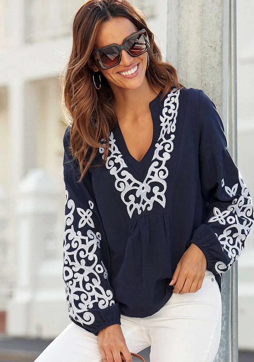 LASCANA Blouses-Embroidered Long Sleeve Blouse