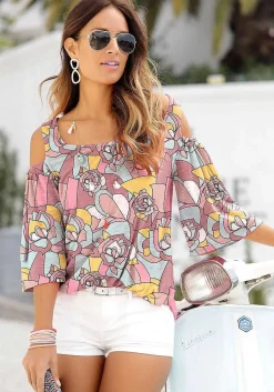 LASCANA Long Sleeve Tops-Floral Cold Shoulder Top