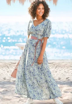 LASCANA Maxi Dresses-Floral Puff Sleeve Maxi Dress