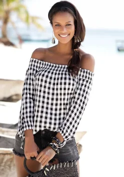 LASCANA Long Sleeve Tops-Gingham Carmen Top