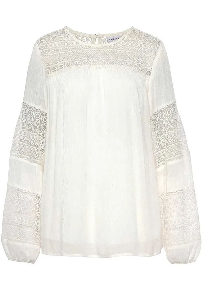 LASCANA Blouses-Lace Detail Long Sleeve Blouse