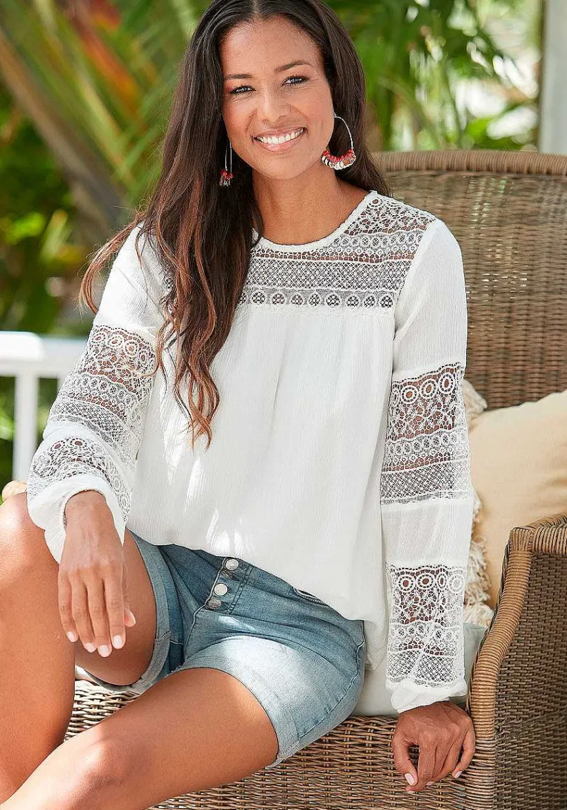LASCANA Blouses-Lace Detail Long Sleeve Blouse