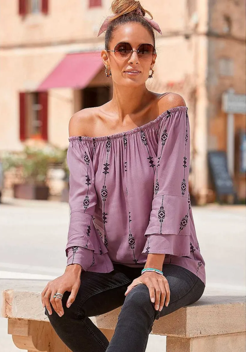 LASCANA Long Sleeve Tops-Printed Off Shoulder Top