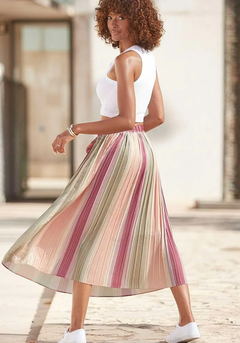 LASCANA Skirts-Striped Pleated Midi Skirt